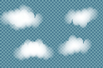 Isolated clouds on a blue sky background. Vector illustrations kit. Vibrant template with soft colors. White realistic natural and transparent elements.