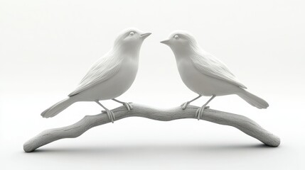 Fototapeta premium 3D render of a ceramic bird pair sculpture on branch on white background