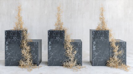 Dark gray marble podiums with scattered light beige details.