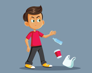 Mean Boy Being Rude Littering Vector Cartoon Illustration. Little kid being irresponsible and careless with the environment 