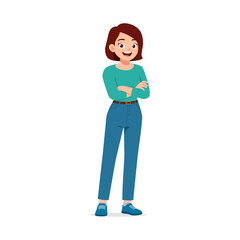 Confident Caucasian woman standing with arms crossed and smiling in full body illustration style