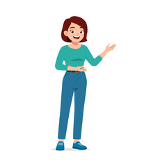 Happy Caucasian woman presenting with open hand gesture in casual clothes illustration