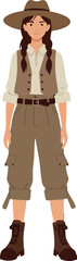 Female explorer wearing brown hat cargo pants and boots standing confidently vector illustration 