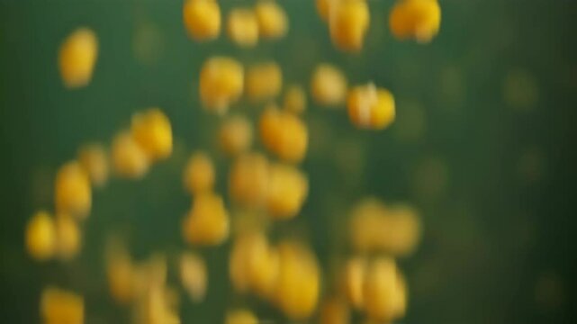 Corn kernels falling in slow motion against green background, close-up abstract of dried corn seeds, food ingredient concept