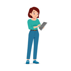 Asian Woman Using Tablet, Smiling, Wearing Jeans and Green Shirt in Full Body View