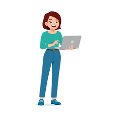 Young woman with laptop standing and smiling, wearing casual outfit, full shot