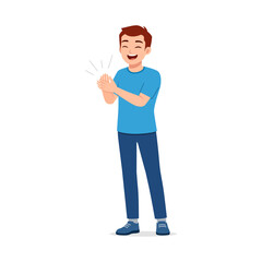 Smiling Young Man Clapping Hands in Blue T-Shirt and Pants with Happy Expression Illustration