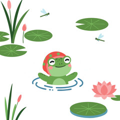 Obraz premium Frog swimming among green lily pads and pink lotus flowers with dragonflies vector illustration 