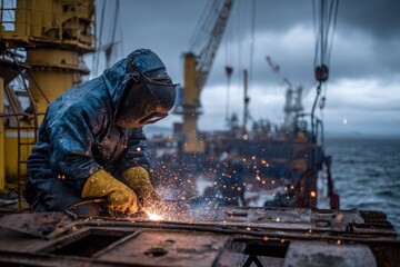 Welder working with sparks on industrial site