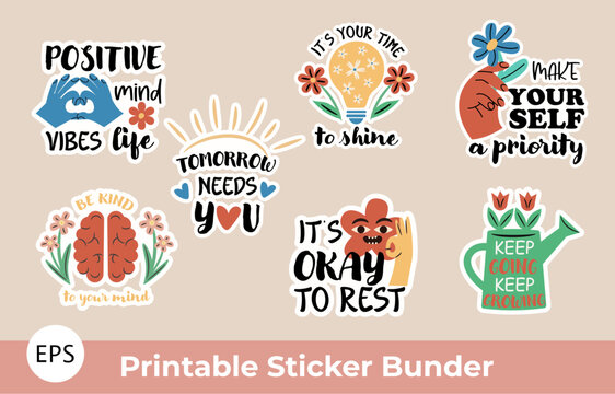 Motivational Wellness Sticker Bundle – Self-Care, Mental Health, Positive Affirmation Quotes – Printable Vector Set.This vibrant and uplifting collection of motivational wellness stickers.