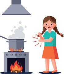Girl Burned Hand Cooking Accident Kitchen Safety Awareness Vector Illustration 