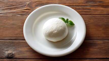 Fresh Mozzarella Cheese with Basil Leaf on White Plate