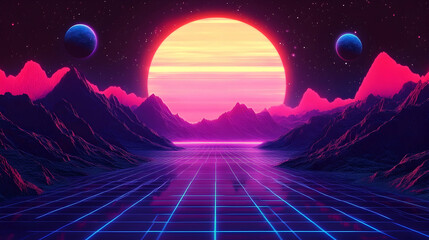 Futuristic Landscape with Neon Sun and Two Planets Above Mountains