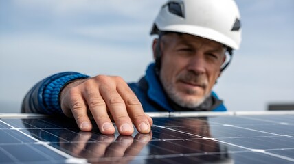A technician inspects solar panels