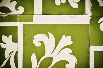 Green and white patterned tiles with decorative motifs.