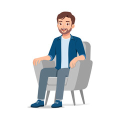 Happy Caucasian man sitting comfortably on chair, smiling, relaxing, casual mood, confident