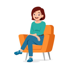 Smiling woman sitting on orange armchair with crossed legs in casual clothes