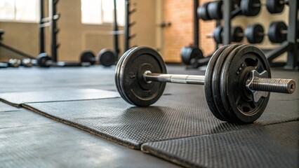 Close Up Dumbbell and Barbell on Gym Floor Highlighting Strength and Fitness Equipment Suitable for Workout Training Content