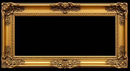 Ornate Gold Picture Frame Isolated on Black Background - Classic Empty Frame, Elegant Border, Decorative Art, Victorian Style