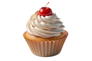 Vanilla Cupcake with Swirled Frosting and Red Cherry Topping Isolated on a 16 inch Transparent Background A I P N G isolated on a transparent background