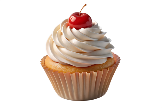 Vanilla Cupcake with Swirled Frosting and Red Cherry Topping Isolated on a 16 inch Transparent Background A I P N G isolated on a transparent background - Powered by Adobe