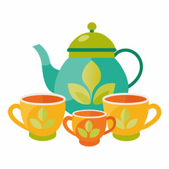 tea pot and cups colorful vector illustration, isolated on white background