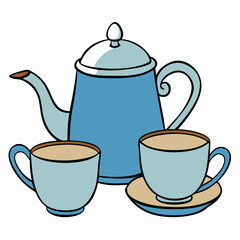 tea pot and cups colorful vector illustration, isolated on white background