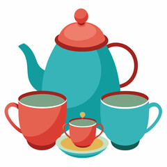 tea pot and cups colorful vector illustration, isolated on white background