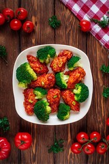 Spicy chicken tenders and broccoli florets on a white plate.