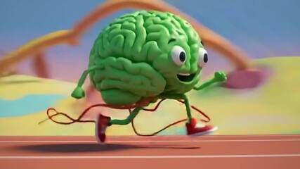 Animated brain character joyfully running on a colorful track with a vibrant background - Powered by Adobe