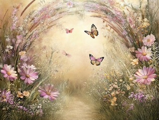 Enchanting Floral Archway with Butterflies in a Dreamy Meadow Landscape