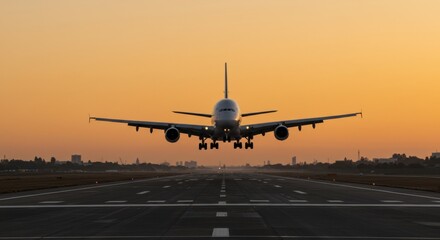 Fototapeta premium Airplane landing at airport during sunset aerial transport environment scenic