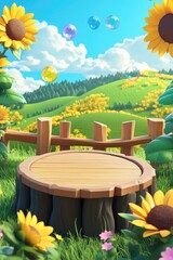 Sunny meadow scene with wooden stump