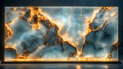 Elegant Blue and Gold Onyx Wall Panel with Backlighting in Modern Space