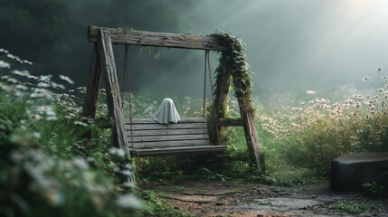 Mysterious ghostly figure on swinging bench serene forest captivating imagery tranquil environment dreamy viewpoint