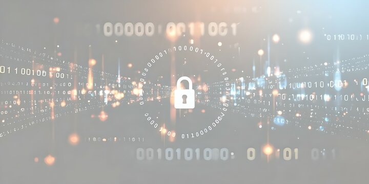 Abstract visual representation of the concept of cybersecurity. The image shows a constant flow of glowing binary code on a dark background, conveying dynamism and digital protection. In the center, a