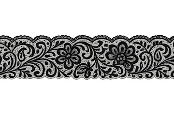 Delicate lace ribbon featuring intricate floral pattern, rendering vintage elegance against transparent backdrop