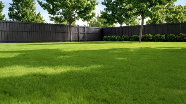 Backyard lawn with vibrant green grass, bordered by a dark brown wooden fence and green leafy trees under a bright blue sky.