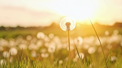 Dandelion seed head stands amidst lush grass at sunset, field of faded dandelions, golden hour light creating a soft and ethereal atmosphere. - Powered by Adobe