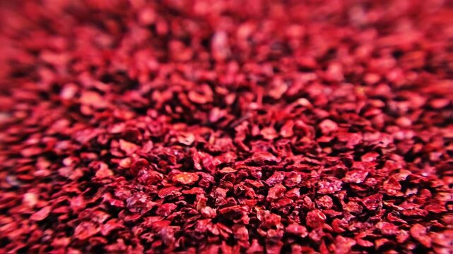 Close-up view of sumac spice, vibrant red granules filling the frame, depth of field and textural elements.