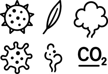 Doodle icon set of common environmental pollutants in black and white