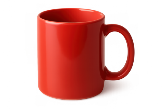 Classic red mug isolated on transparent background, perfect for showcasing designs or representing warm beverages
