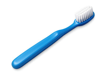 Blue toothbrush with white bristles resting diagonally, highlighting dental hygiene and personal care routine against clean backdrop