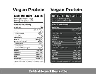 Vegan Protein Nutrition Facts Label – Plant-Based Supplement Nutrition Facts Table for Protein Powder Packaging