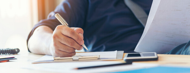 Banner Businessman hands note meeting document in conference room. Banner man Hands writing...