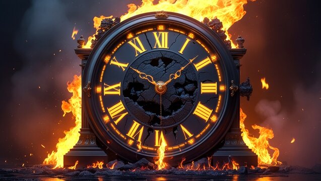 Clock on fire, time's burning end in fiery clock image. Concept of urgency, deadline issues, critical time management.