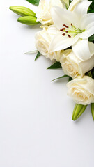 Elegant white rose and lily bridal bouquet with green leaves on white background, perfect for wedding invitations or romantic greeting cards, soft and serene mood