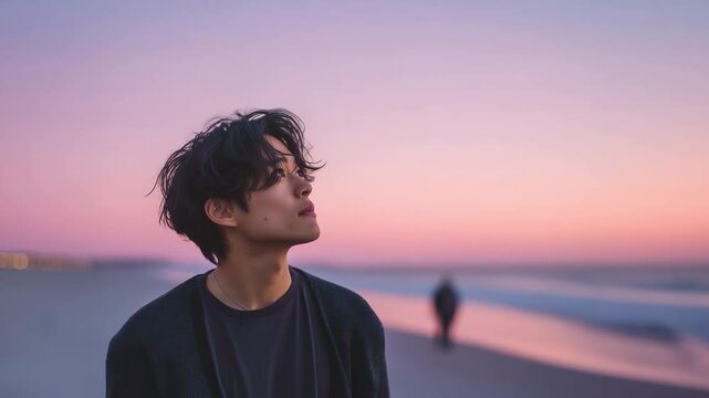 淡いパステルカラーの夕暮れと若い男性　エモい風景