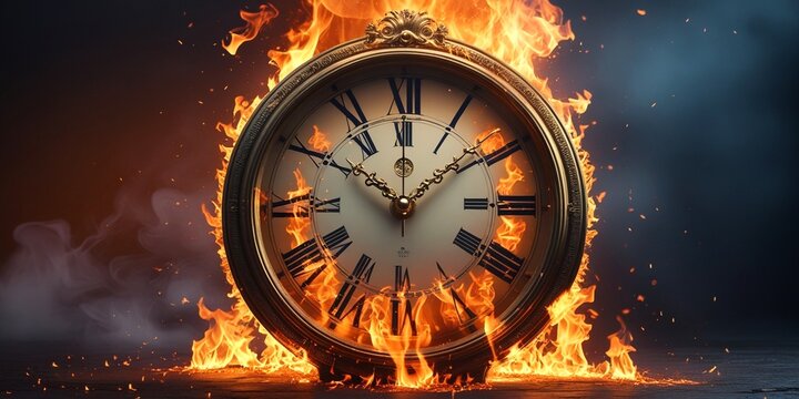 Clock on fire, time's burning end in fiery clock image. Concept of urgency, deadline issues, critical time management.