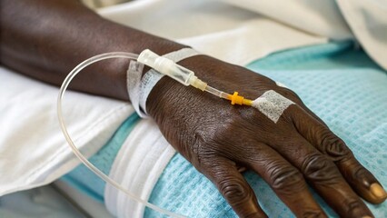 Close Up Hand of Black Patient with IV Drip Showing Tube Insertion Suitable for Healthcare Awareness Visuals